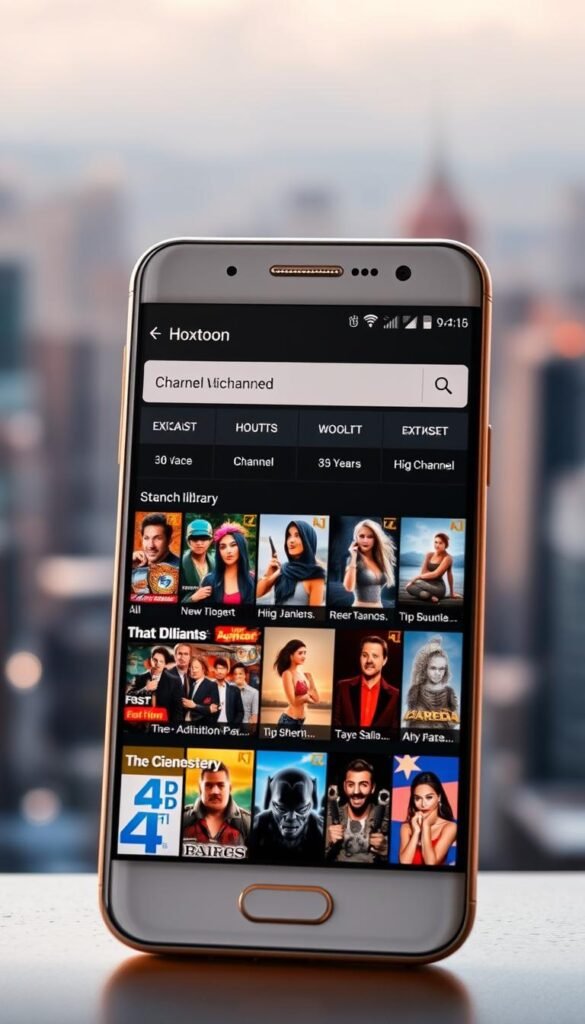 A sleek and modern Android mobile application interface showcasing the expansive IPTV channel library of Hoxtoon Provider. The app's user-friendly design features a prominent search bar, intuitive navigation menus, and vibrant, high-definition channel thumbnails. The screen is bathed in a warm, natural lighting, captured with a shallow depth of field that draws the viewer's attention to the rich content selection. In the background, a blurred cityscape hints at the global reach and scale of Hoxtoon's 21,000+ channel offering, conveying a sense of unparalleled entertainment possibilities at the user's fingertips.