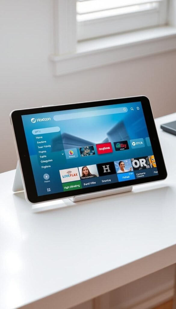 A sleek and modern Android tablet displaying the Hoxtoon Provider IPTV player interface. The tablet is positioned on a minimalist white desk, illuminated by soft, natural lighting from a window. The IPTV player's intuitive, user-friendly design is showcased, highlighting its various menu options and content categories. The screen displays a vivid, high-definition image, conveying the exceptional visual quality of the Hoxtoon streaming service. The overall scene exudes a sense of simplicity, functionality, and technological sophistication, inviting the user to effortlessly navigate and enjoy their IPTV experience on the Android tablet.