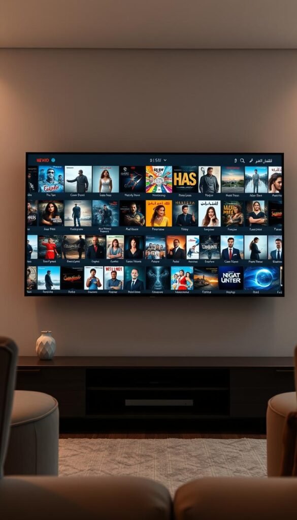 A sleek and modern Arabic IPTV interface showcasing a vast library of over 150,000 video-on-demand (VOD) titles. The screen is dominated by a clean grid layout, with large, high-quality thumbnails showcasing a diverse range of content, from classic Arabic films to the latest TV shows. The user navigates this immersive digital entertainment hub using a minimalist, intuitive interface designed by the Hoxtoon Provider. Soft, diffused lighting creates a cozy, living room-like atmosphere, drawing the viewer into the endless possibilities of this expansive VOD collection.