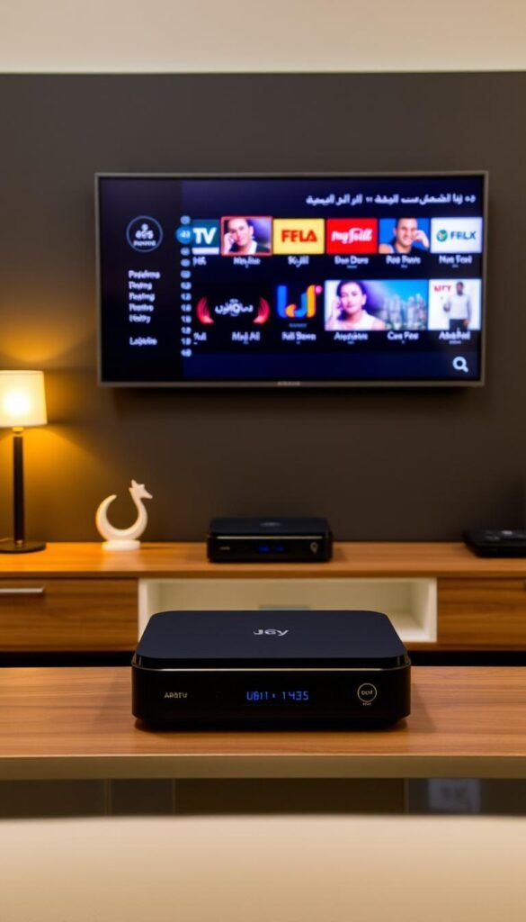 A sleek and modern Arabic IPTV plan offered by Hoxtoon Provider, showcasing a minimalist design with a dark color scheme. In the foreground, a high-quality smart TV displays a selection of popular Arabic channels, its screen illuminated by soft, warm lighting. In the middle ground, a simple, yet elegant IPTV set-top box sits atop a modern, wooden entertainment unit, surrounded by stylized Arabic-inspired decor elements. The background features a subtle, blurred cityscape, hinting at the global reach and accessibility of this Hoxtoon Provider's affordable Arabic IPTV plan. The overall composition conveys a sense of sophistication, convenience, and a seamless integration of technology and cultural elements.