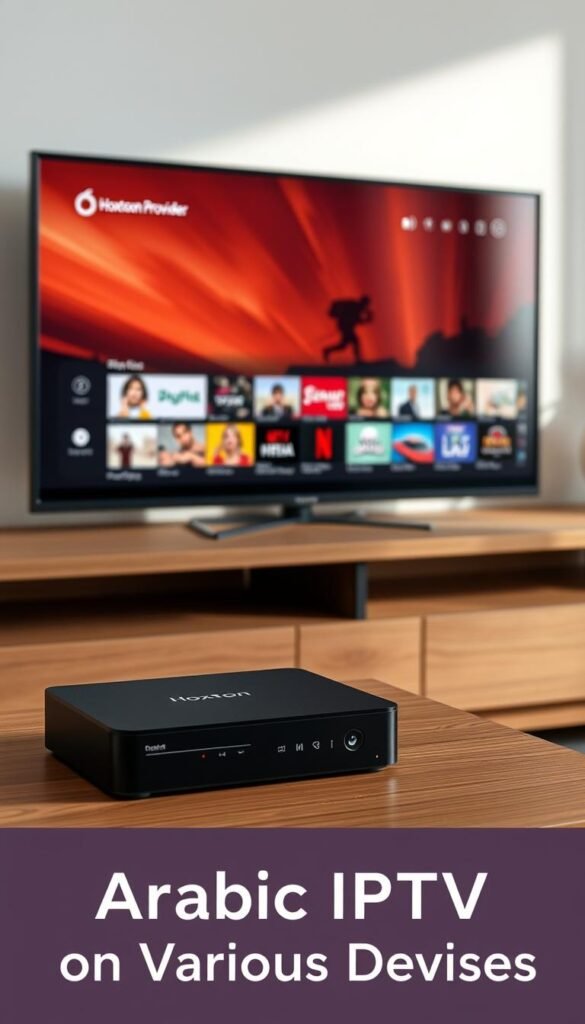 A sleek and modern Arabic IPTV player with a clean, intuitive interface. The device rests on a minimalist, wooden media console, bathed in soft, diffused lighting. The player's matte black exterior and subtle Hoxtoon Provider logo convey a sense of premium quality. On the screen, a vibrant, high-definition display showcases the IPTV service's diverse channel selection, ready to transport the viewer to the heart of the Arab world. The scene exudes a calming, sophisticated atmosphere, perfectly suited for the "Setting Up Arabic IPTV on Various Devices" section of the article.