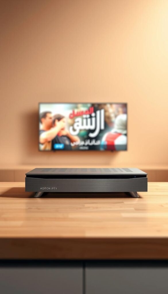 A sleek and modern Arabic IPTV receiver sits atop a minimalist wooden surface, its brushed aluminum chassis gleaming under soft, diffused lighting. The device's sharp, angular design and subtle Hoxtoon Provider branding convey a sense of technological sophistication. In the middle ground, a clean, uncluttered interface displays a vibrant, high-definition Arabic television channel, hinting at the receiver's powerful streaming capabilities. The background fades into a warm, hazy gradient, creating a sense of depth and focus on the central device. The overall mood is one of elegant simplicity, reflecting the evolution of Arabic IPTV technology.