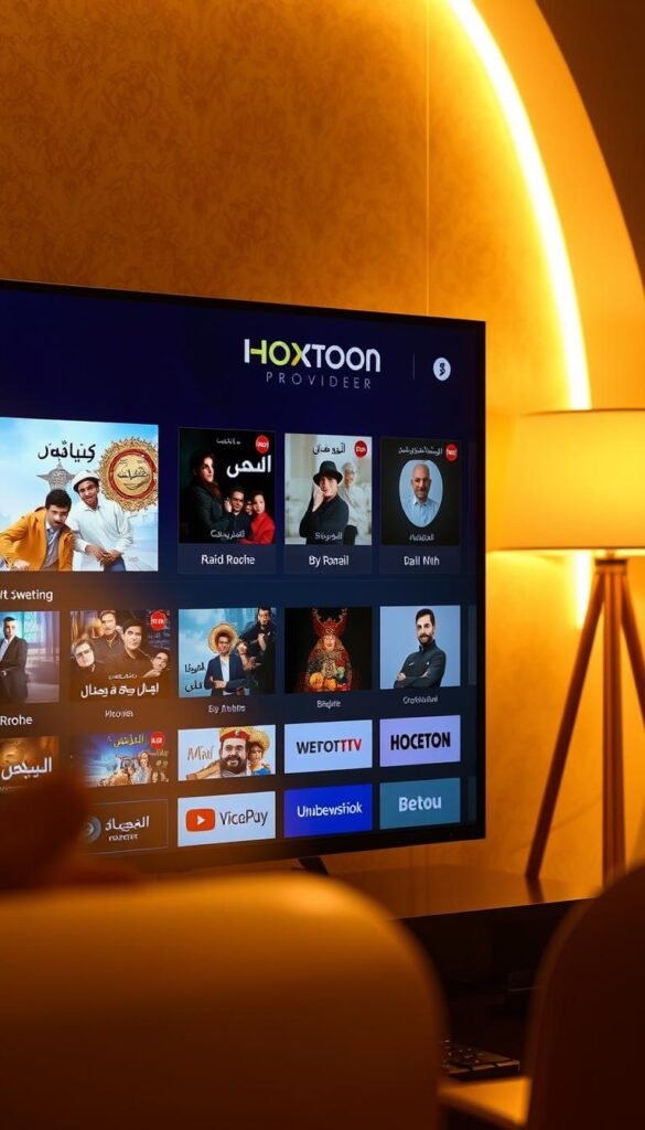 A sleek and modern Arabic IPTV service with the Hoxtoon Provider brand prominently displayed. The interface showcases a grid of popular Arabic TV channels, movies, and on-demand content. The scene is bathed in a warm, golden light, creating a cozy and inviting atmosphere. In the background, a subtle pattern of traditional Arabic motifs adds a touch of cultural flair. The overall impression is one of high-quality, accessible entertainment for Arabic-speaking audiences.