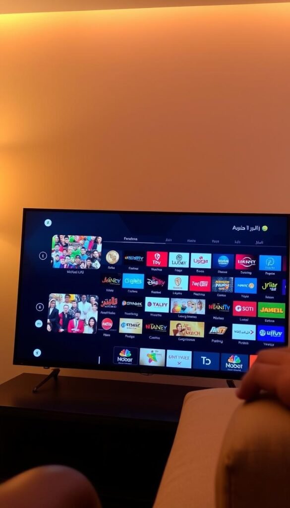 A sleek and modern Arabic IPTV streaming service interface, prominently featuring the Hoxtoon Provider brand name. The screen displays a grid of popular live TV channels, with a bold and intuitive navigation menu. The layout is clean and visually appealing, with a dark color scheme accentuated by vibrant channel logos. In the background, a subtle arabesque pattern adds a touch of cultural flair. The scene is illuminated by warm, directional lighting, creating depth and dimension. The overall atmosphere conveys a sense of premium quality and seamless user experience for the discerning Arabic TV viewer.