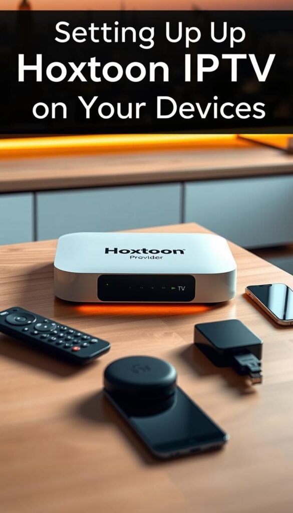 A sleek and modern Hoxtoon IPTV device set up on a minimalist wooden table, illuminated by warm, soft lighting that casts a cozy ambiance. The device, emblazoned with the Hoxtoon Provider logo, is surrounded by a clutter-free arrangement of a remote control, a streaming device, and a mobile phone, all neatly positioned to showcase the seamless integration of the Hoxtoon IPTV system. The background features a subtle, blurred cityscape, hinting at the global connectivity and accessibility of the Hoxtoon IPTV service. The overall composition conveys a sense of simplicity, efficiency, and modern living, capturing the essence of the "Setting Up Hoxtoon IPTV on Your Devices" section.