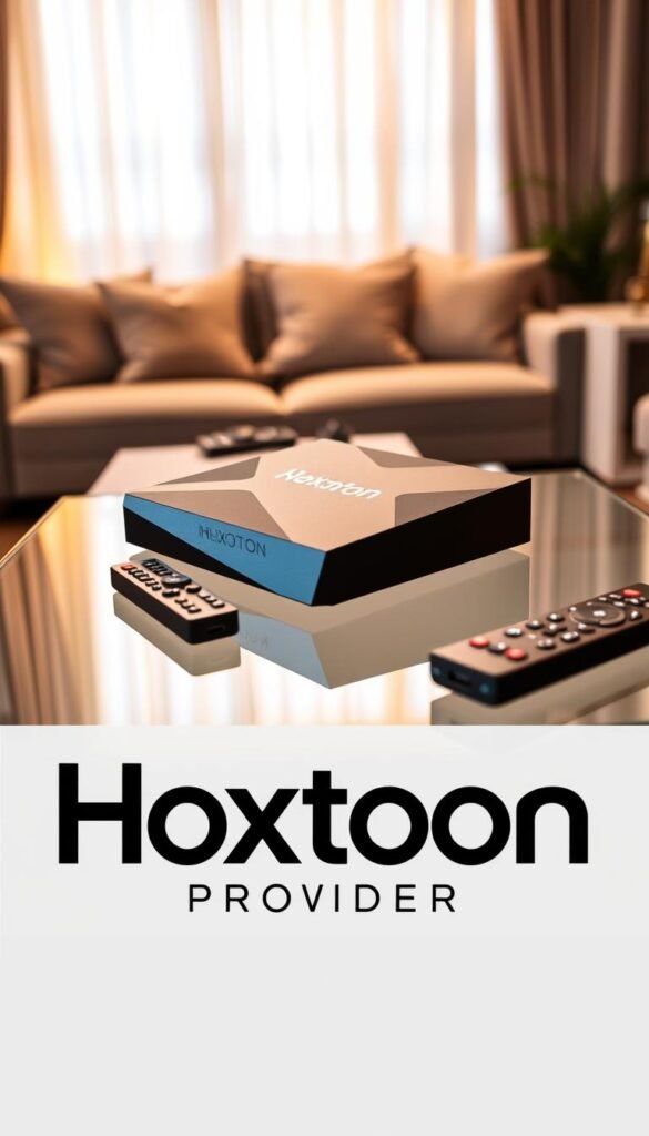 A sleek and modern IPTV Android TV box rests on a minimalist glass table, bathed in warm ambient lighting. The device's matte black exterior and angular design evoke a sense of technological sophistication. In the foreground, a Hoxtoon Provider logo prominently displays, signifying the box's high-quality IPTV streaming capabilities. The middle ground showcases various remote controls and streaming accessories, hinting at the box's versatility and connectivity options. The background depicts a cozy, contemporary living room setting, with plush furniture and subdued hues, creating an inviting atmosphere for immersive entertainment experiences.