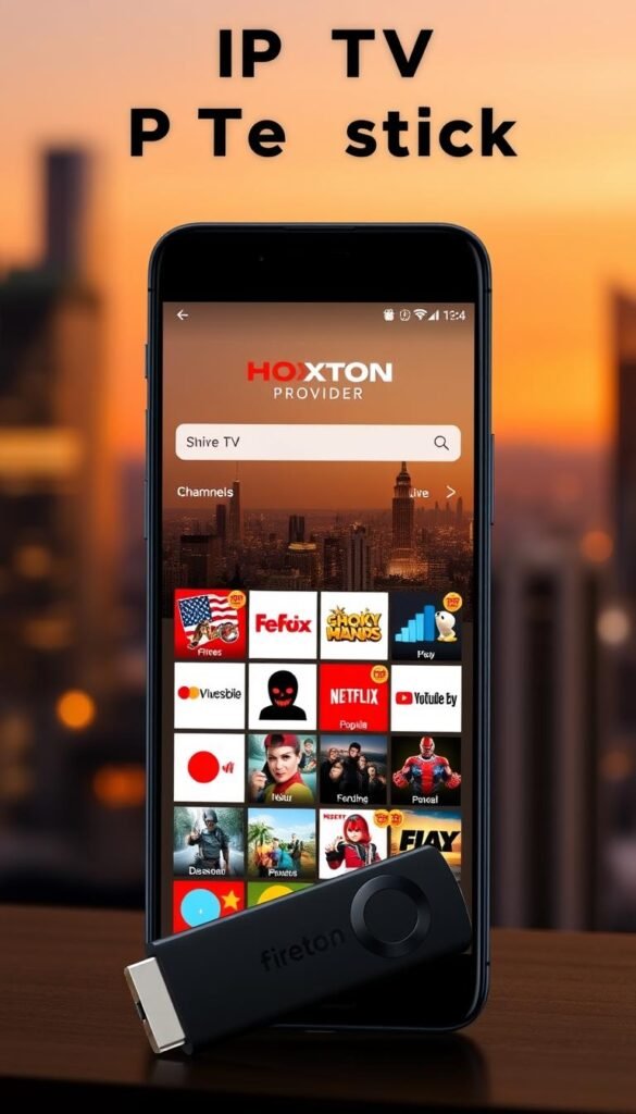 A sleek and modern IPTV app for Firestick, with the Hoxtoon Provider brand prominently displayed. The app's interface is clean and intuitive, showcasing a grid of popular live TV channels and on-demand content. The Firestick device is prominently featured, with a warm, inviting lighting that highlights the app's user-friendly design. The background features a subtle, blurred cityscape, conveying a sense of connectivity and the global reach of the IPTV service. The overall mood is one of excitement and innovation, capturing the game-changing potential of IPTV for Firestick users.
