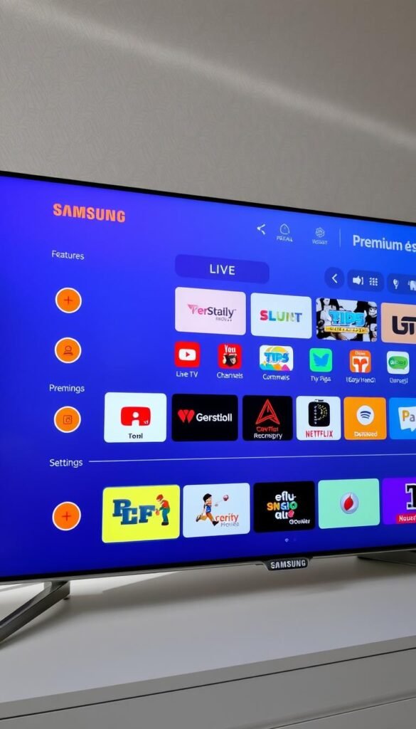 A sleek and modern IPTV app interface for a Samsung TV, showcasing the Hoxtoon Provider brand. The app features a clean, minimalist design with bold typography and vibrant color accents. In the foreground, a user-friendly menu displays a range of premium features, including live TV channels, on-demand content, and customizable settings. The middle ground highlights intuitive navigation controls and a smooth, responsive user experience. The background features a subtle pattern or texture that complements the overall aesthetic. The lighting is soft and natural, creating a warm and inviting atmosphere. The camera angle captures the app in a slightly elevated perspective, emphasizing its seamless integration with the Samsung TV interface.