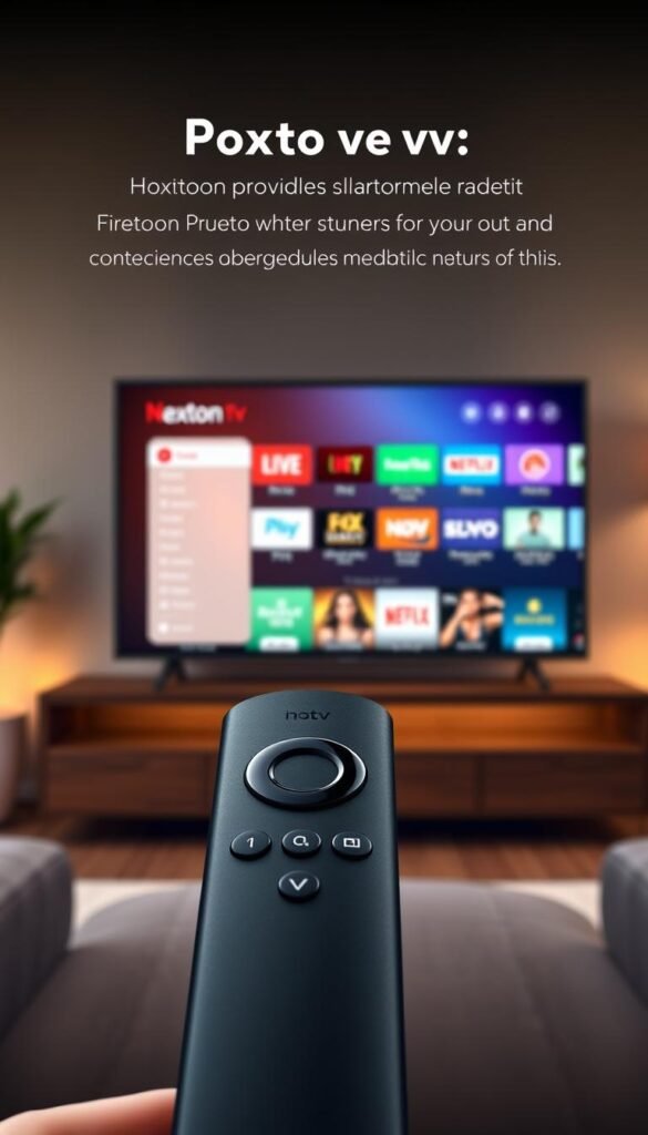 A sleek and modern IPTV app interface for the Amazon Firestick, showcasing the intuitive Hoxtoon Provider platform. In the foreground, a Firestick remote control takes center stage, its buttons and directional pad illuminated, inviting interaction. The middle ground features the Hoxtoon Provider app's home screen, its clean design and intuitive layout prominently displayed, with vivid icons and streamlined menus. The background depicts a living room setting, with a cozy ambiance created by soft, warm lighting and a subtle texture on the walls, suggesting a comfortable, immersive viewing experience.