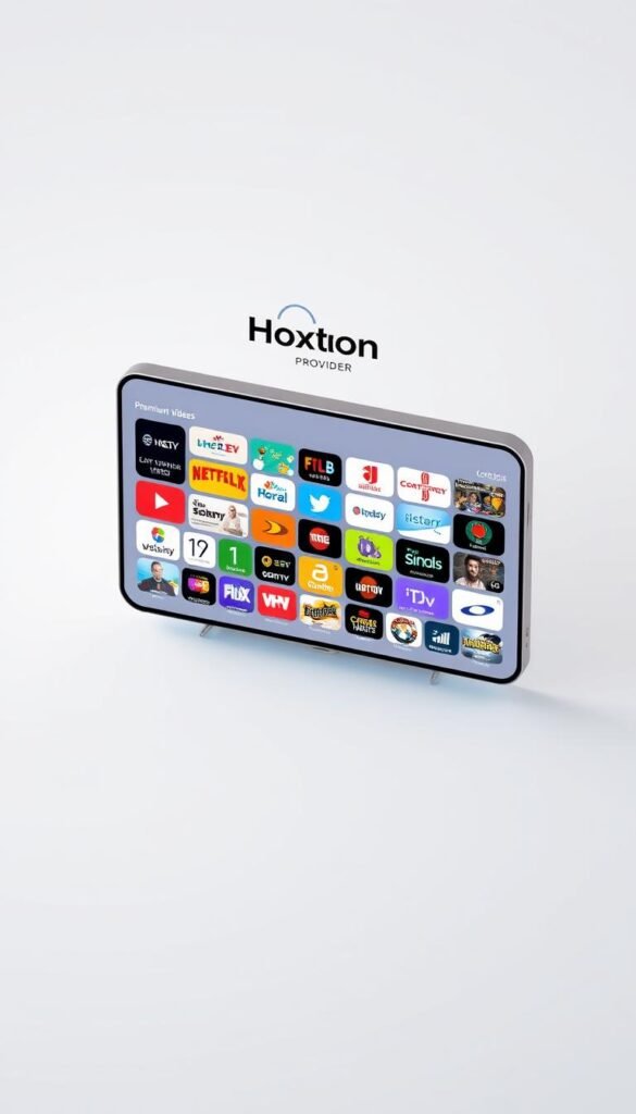 A sleek and modern IPTV app interface, prominently displaying the Hoxtoon Provider brand name. The app's home screen showcases a grid of colorful, high-definition channel logos, conveying the breadth of content available. The layout is clean and intuitive, with clearly labeled sections for live TV, on-demand videos, and user settings. Soft, indirect lighting creates a warm, inviting atmosphere, while the overall design reflects a premium, professional aesthetic. The app is presented in a 3D, isometric perspective, allowing the viewer to appreciate the depth and attention to detail in the user experience.