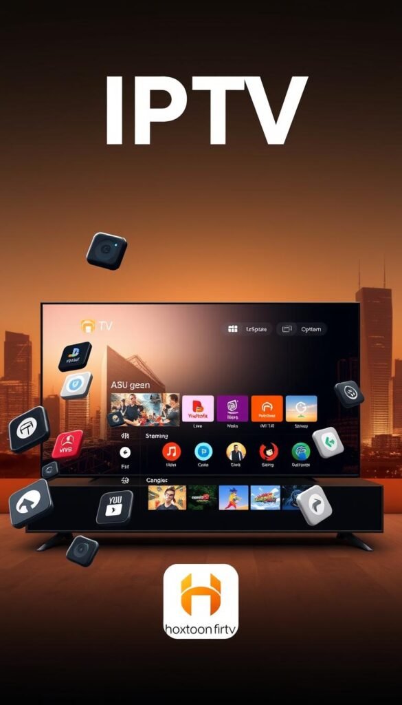 A sleek and modern IPTV app interface showcasing key features against a sophisticated backdrop. In the foreground, various app icons and UI elements hover in a visually striking arrangement, conveying the app's advanced functionality. The middle ground features a large display panel showcasing live TV streaming, on-demand content, and other IPTV services. In the background, a stylized cityscape or technological landscape sets the scene, evoking a sense of urban sophistication. Warm lighting and a muted color palette create a premium, high-tech atmosphere. The Hoxtoon Provider brand is subtly integrated into the design, adding a touch of credibility and reliability.