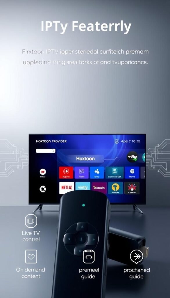 A sleek and modern IPTV app interface showcasing key features. In the foreground, a high-resolution TV screen displays a clean, minimalist UI with icons for live TV, on-demand content, and a channel guide. The middle ground features a Hoxtoon Provider logo, hinting at the app's premium service. The background blends a soft, gradient lighting effect with subtle technical elements like digital waveforms and circuit board textures, conveying a sense of advanced technology. The overall tone is sophisticated, visually appealing, and designed to entice Firestick users seeking a premium IPTV experience.