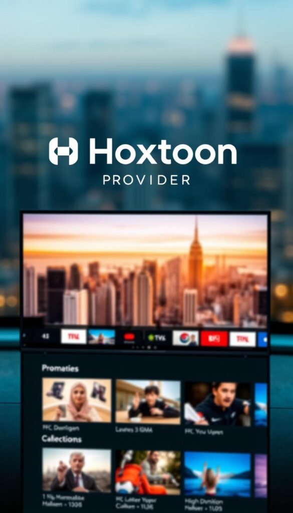 A sleek and modern IPTV app interface, showcasing the Hoxtoon Provider brand prominently. The app's home screen displays a grid of high-definition channels, with a bold, minimalist design. The app's logo and branding are prominently displayed, conveying a sense of authority and reliability. The background features a blurred cityscape, hinting at the global reach and scale of the Hoxtoon IPTV service. The overall scene is well-lit, with a warm, inviting color palette that creates a sense of professionalism and premium quality. The layout and user experience are intuitive and easy to navigate, reflecting the app's focus on providing a seamless IPTV experience for its users.