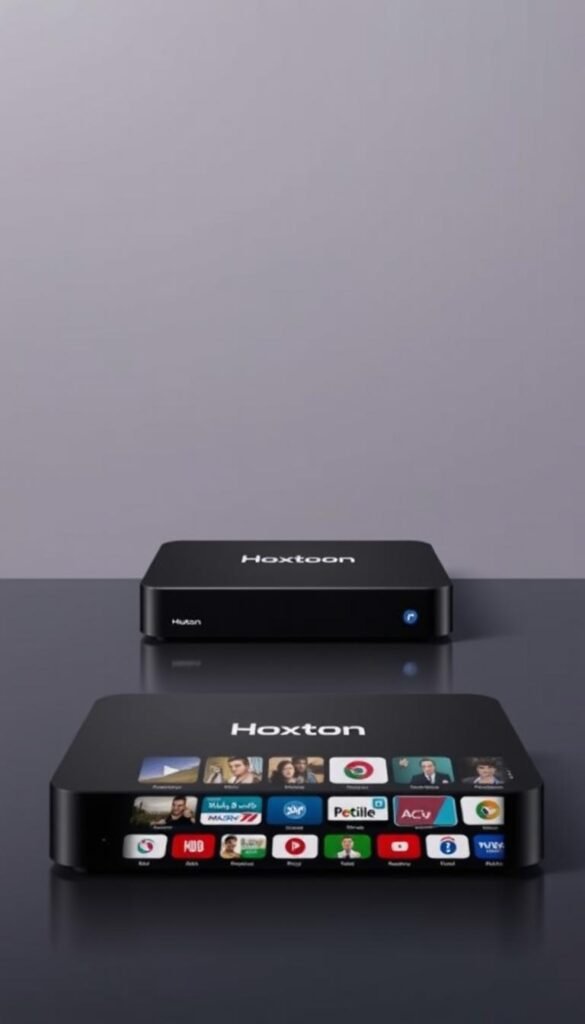 A sleek and modern IPTV box set against a stylish, minimalist backdrop. The Hoxtoon Provider box is prominently displayed, its clean lines and premium finishes accentuated by soft, directional lighting. In the foreground, the box's key features are highlighted through a series of high-quality product shots, showcasing its intuitive interface, extensive channel selection, and seamless streaming capabilities. The middle ground features a subtle grid of channel icons, hinting at the breadth of content available. The background is a simple, gradient-based color scheme that creates a sense of depth and draws the eye to the central subject. The overall tone is one of sophistication, reliability, and technological prowess, reflecting the Hoxtoon Provider's position as a premier lifetime free Arabic IPTV solution.