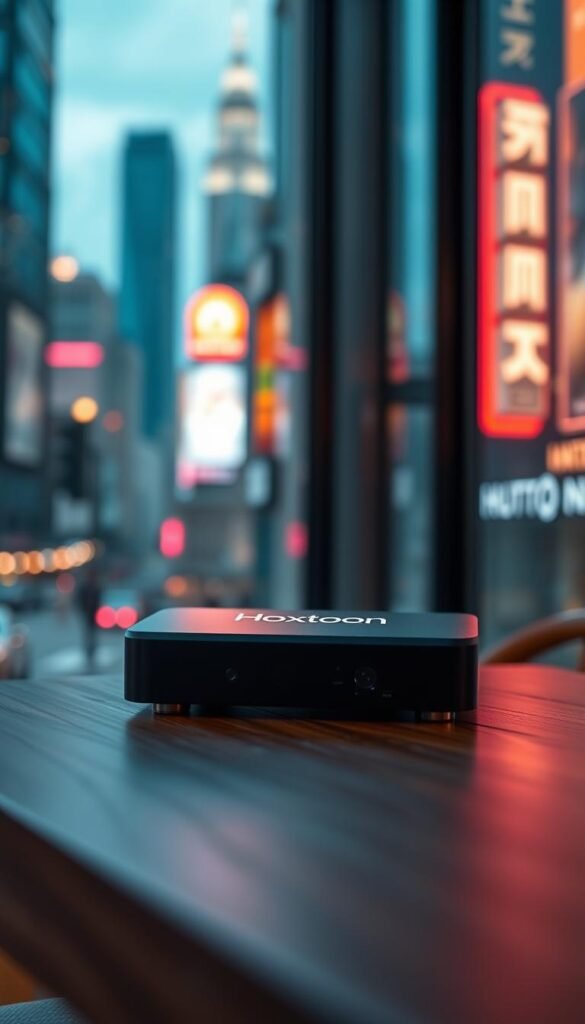 A sleek and modern IPTV box stands prominently on a dark wood table, its minimalist design conveying a sense of premium quality. The Hoxtoon Provider logo is displayed prominently on the front panel, bathed in a warm, soft lighting that creates a cozy and inviting atmosphere. In the background, a blurred cityscape with skyscrapers and neon signs suggests an urban setting, hinting at the box's ability to provide a wide range of content from major media hubs. The scene is captured with a shallow depth of field, focusing the viewer's attention on the Hoxtoon Provider device and its stylish, understated elegance.