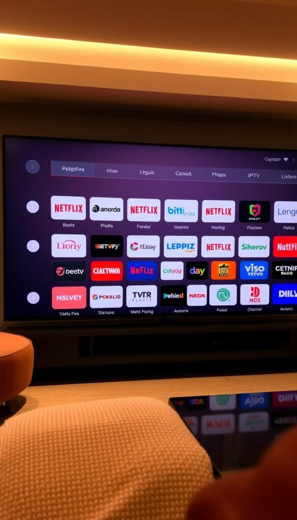 A sleek and modern IPTV channel lineup display, showcasing a curated selection of premium channels from the Hoxtoon Provider. The interface features a clean, minimalist design with a neutral color palette, allowing the channel logos and icons to pop. The layout is organized into intuitive categories, making it easy to navigate and find desired content. The scene is bathed in warm, soft lighting, creating a inviting and visually appealing atmosphere. The overall presentation conveys a sense of professionalism and high-quality service, reflecting the legal and trustworthy nature of the Hoxtoon IPTV platform.