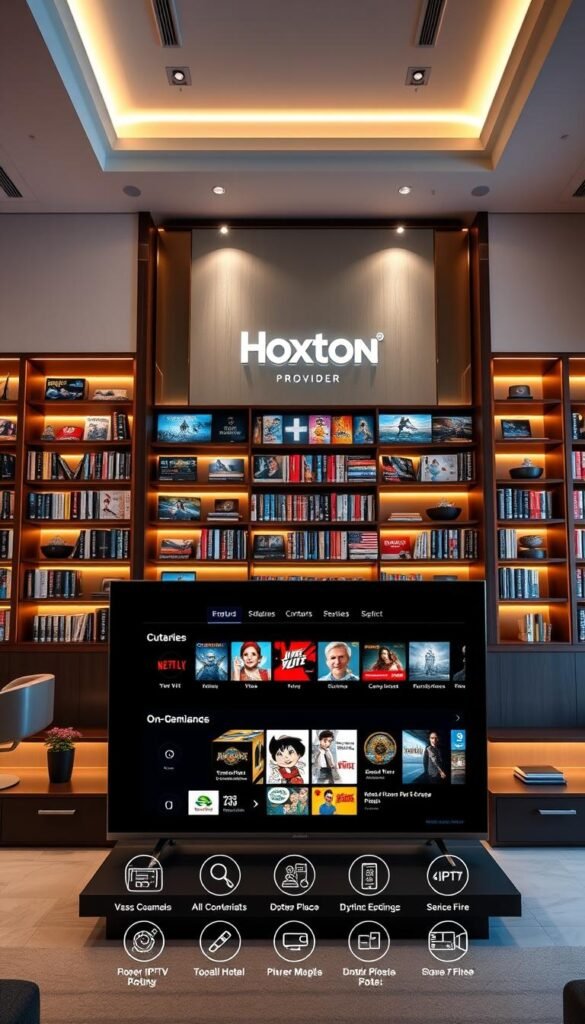 A sleek and modern IPTV content library with a vast collection of channels and on-demand titles, presented in a clean, intuitive interface. The scene features elegant wooden shelves showcasing the Hoxtoon Provider brand, surrounded by subtle ambient lighting that creates a warm, inviting atmosphere. In the foreground, a large flatscreen display showcases the breadth of content available, with crisp, high-definition visuals. The middle ground features stylized icons and graphics highlighting the key features and benefits of the IPTV service. The background depicts a luxury hotel lobby, with plush furnishings and high ceilings, conveying a sense of sophistication and premium hospitality.