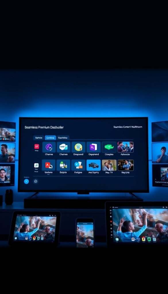 A sleek and modern IPTV dashboard displayed on multiple screens, showcasing the features of a premium "Hoxtoon Provider" multiroom service. In the foreground, a large central screen displays a comprehensive menu of live TV channels, on-demand content, and advanced recording options. Surrounding it, smaller screens depict seamless content mirroring across various devices, including tablets and smartphones, conveying the service's multiroom capabilities. The scene is bathed in a cool, bluish lighting that enhances the high-tech ambiance, while the layout and design elements evoke a sense of elegance and professionalism. The overall composition highlights the sophisticated, feature-rich nature of the Hoxtoon Provider's multiroom IPTV offering.