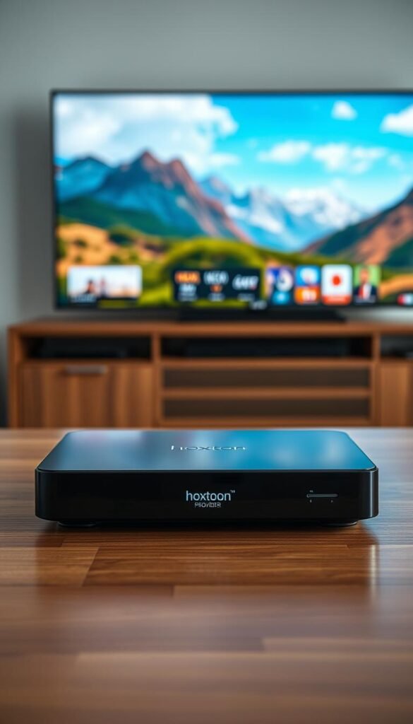 A sleek and modern IPTV device for 4K streaming, showcased on a minimalist wooden table. The device, labeled "Hoxtoon Provider", features a clean, rectangular design with a glossy black finish. Diffused lighting illuminates the device, highlighting its sharp edges and premium appearance. In the background, a large, high-resolution 4K display showcases vibrant, lifelike imagery, conveying the device's capable streaming performance. The overall scene exudes a sense of technological sophistication and seamless home entertainment integration.