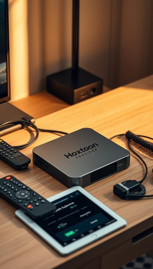 A sleek and modern IPTV device on a minimalist wooden desk, displaying the Hoxtoon Provider logo. The device is surrounded by remote controls, networking cables, and a tablet showcasing a free trial subscription interface. Warm, directional lighting from the side creates depth and highlights the premium design of the hardware. The scene conveys a sense of ease and accessibility, inviting the viewer to explore the IPTV trial options.