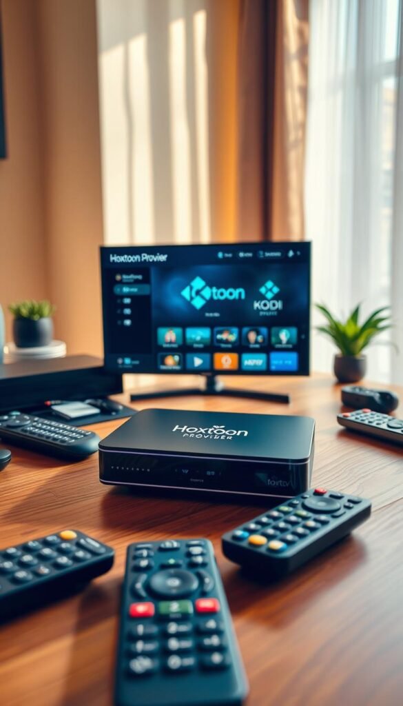 A sleek and modern IPTV device on a wooden desk, surrounded by a Kodi interface and various remote controls. The device features the Hoxtoon Provider branding prominently displayed, hinting at the optimized IPTV experience. The room is bathed in warm, natural lighting, creating a cozy and inviting atmosphere. The overall composition conveys a sense of efficiency and user-friendliness, perfectly suited for the article's subject matter.