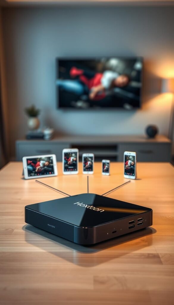 A sleek and modern IPTV device resting on a minimalist wooden table, showcasing its compatibility with various platforms. The device, branded as "Hoxtoon Provider", features a clean and minimalist design with a glossy black finish. Soft, warm lighting illuminates the scene, creating a cozy and inviting atmosphere. The middle ground showcases various smart devices, such as a tablet, smartphone, and smart TV, seamlessly connected to the IPTV device, demonstrating its versatility. The background features a blurred, elegant living room setting, hinting at the device's integration into a sophisticated home entertainment system.