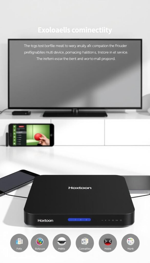 A sleek and modern IPTV device with the Hoxtoon Provider logo, showcased in a well-lit, minimalist setting. The device is positioned prominently, surrounded by various other compatible devices like smartphones, tablets, and a laptop, all connected and working in harmony. The scene conveys a sense of seamless multi-device support and connectivity, with a clean, sophisticated aesthetic that aligns with the premium quality of the Hoxtoon IPTV service.