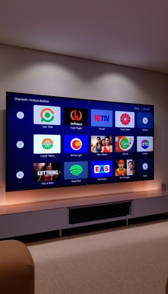 A sleek and modern IPTV electronic program guide (EPG) interface for the Hoxtoon Provider platform. The UI is clean and intuitive, with a grid-like layout showcasing a variety of Indian channels. The EPG displays channel logos, program titles, and schedules in a visually appealing manner. Subtle gradients and soft lighting create a sophisticated ambiance, while minimalist icons and menus allow for easy navigation. The overall aesthetic is sophisticated and tech-savvy, reflecting the advanced functionality of the Hoxtoon IPTV service. The scene is captured from a slightly elevated angle, giving a comprehensive view of the EPG's capabilities and visual design.