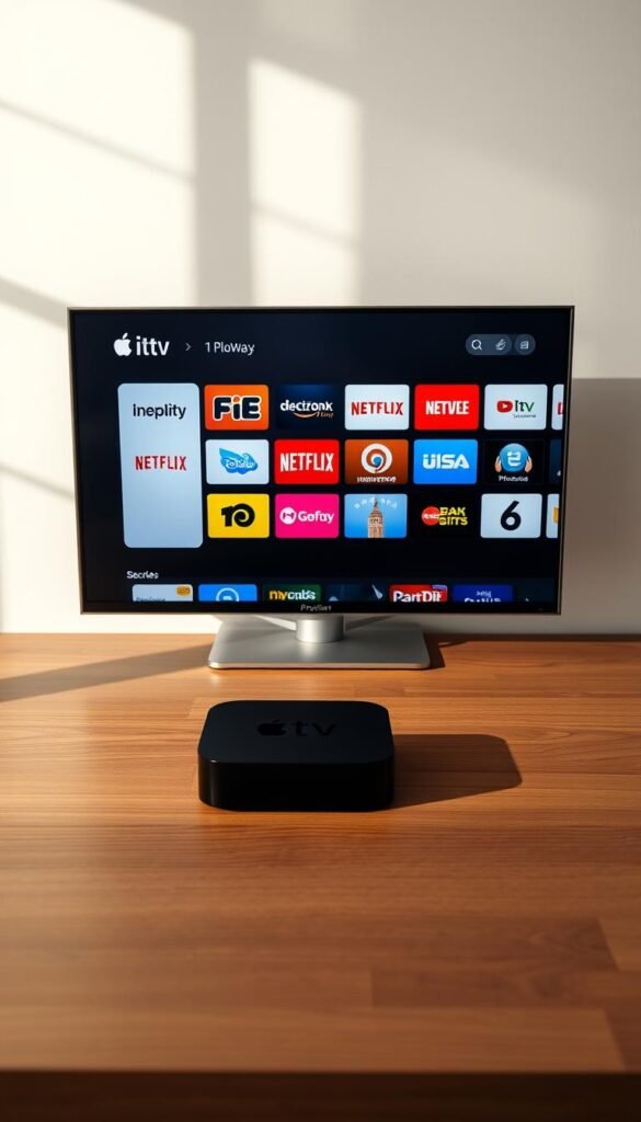 A sleek and modern IPTV interface displayed on a realistic Apple TV device. The screen shows a grid of vibrant, high-definition channel logos and icons, including the "Hoxtoon Provider" branding. The device is positioned on a minimalist, wood-grain table, bathed in soft, natural lighting that casts subtle shadows. The composition emphasizes the simplicity and elegance of the Apple TV setup, hinting at the ease of accessing a wide variety of IPTV content. The overall mood is one of technology, entertainment, and effortless user experience.