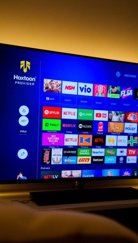 A sleek and modern IPTV interface, showcasing a diverse array of premium channels on a high-resolution display. The Hoxtoon Provider logo prominently featured in the top-left corner, exuding a sense of quality and reliability. The layout is clean and intuitive, with vibrant channel icons and thumbnails arranged in a grid, inviting the viewer to explore the extensive selection. Soft, diffused lighting illuminates the scene, creating a warm and inviting atmosphere. The camera angle captures the interface at a slightly elevated perspective, giving the impression of an immersive and user-friendly experience. The overall impression is one of a premium IPTV service that delivers exceptional entertainment value.