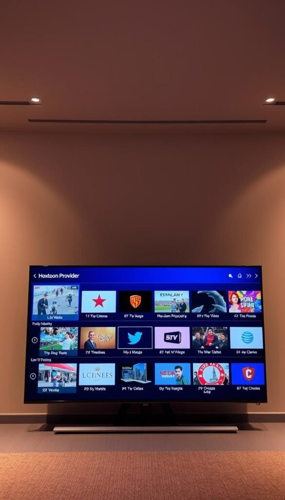 A sleek and modern IPTV interface with a comprehensive electronic program guide (EPG) showcased on a large 4K display. The screen features a grid-like layout displaying a variety of live TV channels from the Hoxtoon Provider, each with their respective logos, program titles, and upcoming schedules. The interface is accented by a subtle blue and gray color scheme, creating a clean and professional aesthetic. The room is illuminated by soft, indirect lighting, casting a warm glow over the scene. The camera angle captures the display at a slight elevation, giving the viewer a sense of control and authority over the IPTV system. The overall impression is one of a seamless, user-friendly, and comprehensive IPTV experience.