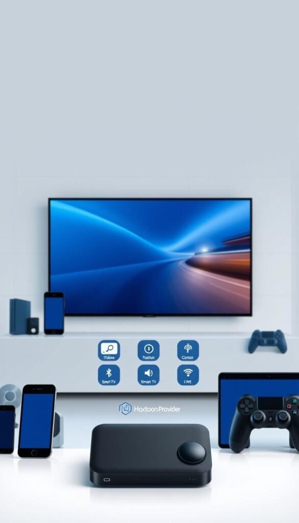 A sleek and modern IPTV reseller interface showcasing seamless multi-device support. A stylish, minimalist control panel with intuitive icons and a minimalist color palette of blues and grays. In the foreground, a Hoxtoon Provider logo and various compatible device silhouettes - smartphones, tablets, smart TVs, and gaming consoles. The middle ground features a large, responsive screen displaying a crisp, high-definition video stream. The background has a subtle grid pattern, conveying a sense of technology and connectivity. The lighting is soft and diffused, creating a clean, professional atmosphere. The overall composition emphasizes the versatility and user-friendliness of the IPTV reseller solution.