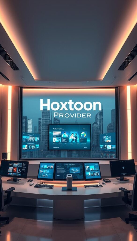 A sleek and modern IPTV service hub, with the Hoxtoon Provider logo prominently displayed. The scene depicts a minimalist control center, with multiple holographic displays showcasing a range of IPTV content and service options. Soft, ambient lighting casts a warm glow, while the background features a cityscape of futuristic skyscrapers. The overall atmosphere conveys a sense of technological innovation and advanced media delivery in the year 2025.