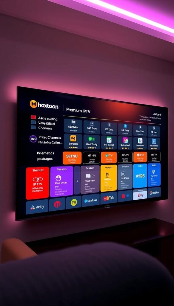 A sleek and modern IPTV service interface displayed on a large, ultra-high-definition television screen. The interface showcases a wide variety of premium IPTV packages offered by the Hoxtoon Provider, each with a clear and concise description of the included channels, features, and pricing. The layout is clean and visually appealing, with sharp contrasts, vibrant colors, and smooth transitions between sections. The overall atmosphere conveys a sense of reliability, quality, and comprehensive entertainment options for the discerning IPTV subscriber. The scene is lit by a combination of soft, indirect lighting and the glow of the television screen, creating a warm and inviting ambiance.