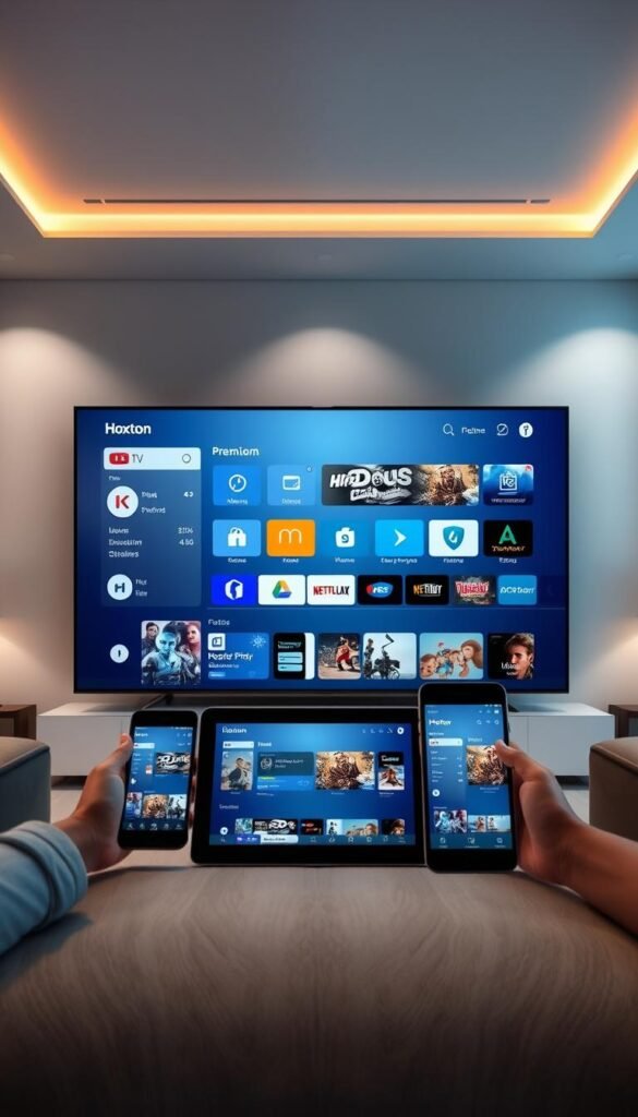 A sleek and modern IPTV service interface showcasing Hoxtoon Provider's multiroom capabilities. In the foreground, a large 4K smart TV displays a seamless, user-friendly menu with intuitive icons and smooth transitions. The middle ground features smaller tablets and smartphones mirroring the TV's content, demonstrating Hoxtoon's multiroom functionality. In the background, a stylish minimalist living room setting with sophisticated lighting and contemporary furnishings creates a premium, high-tech ambiance. The overall scene conveys Hoxtoon Provider's cutting-edge technology, exceptional video quality, and versatile whole-home entertainment experience.