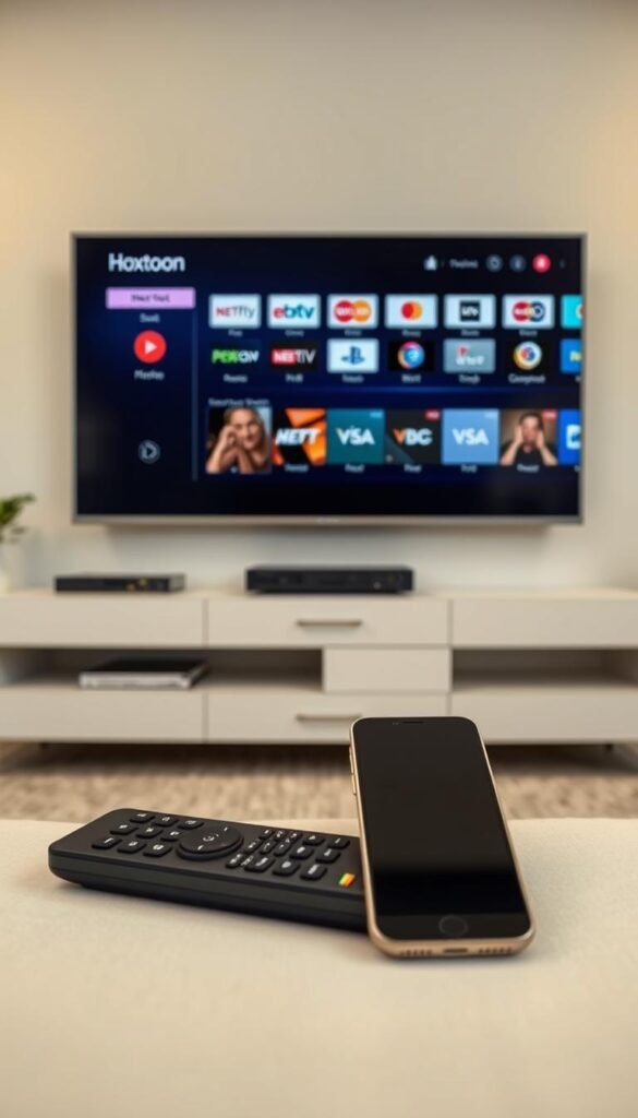 A sleek and modern IPTV service interface, showcasing the Hoxtoon Provider brand prominently. The scene depicts a living room setting, with a large flat-screen TV displaying a variety of channel logos and on-demand content options. In the foreground, a stylish remote control and a smartphone are positioned, highlighting the seamless integration of IPTV technology. The middle ground features a minimalist media cabinet, hinting at the storage and hardware components powering the Hoxtoon IPTV service. The background is softly blurred, creating a sense of depth and emphasizing the focal point of the TV and IPTV interface. The overall tone is one of technological sophistication and the growing popularity of IPTV services in the USA.