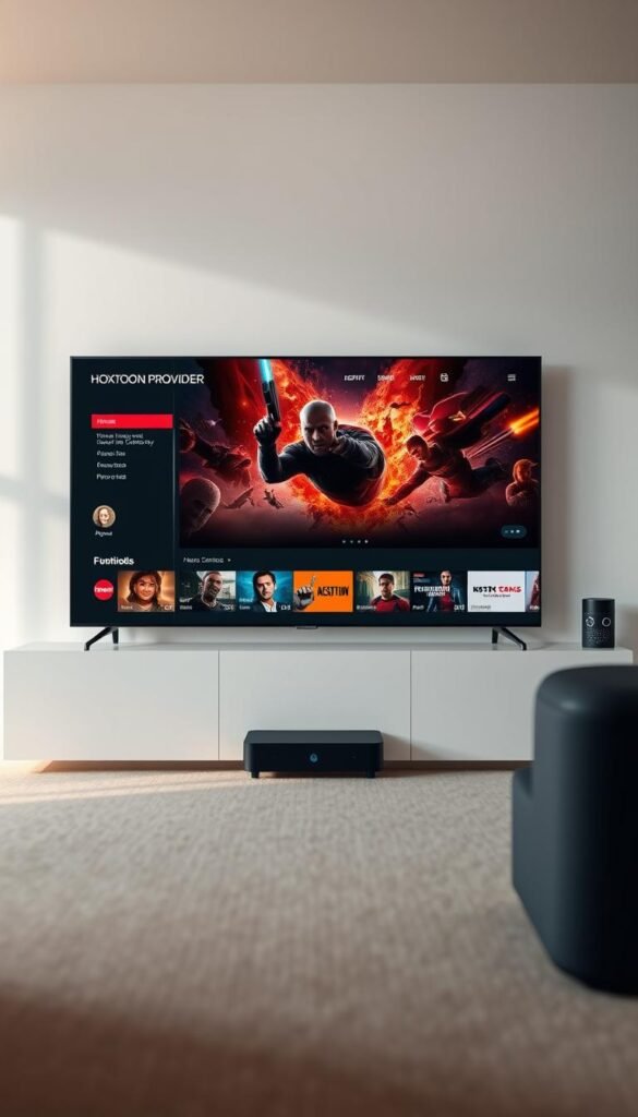 A sleek and modern IPTV service interface, showcasing the Hoxtoon Provider brand prominently. The layout features a clean, minimalist design with elegant typography and high-resolution graphics. In the center, a large hero image depicts a vibrant, cinematic scene of a thrilling action movie or popular TV series, hinting at the extensive content library available. The background has a subtle, cinematic lighting setup, creating a warm, inviting atmosphere. The overall composition conveys a sense of premium quality, professionalism, and a visually striking user experience that Hoxtoon Provider aims to deliver.