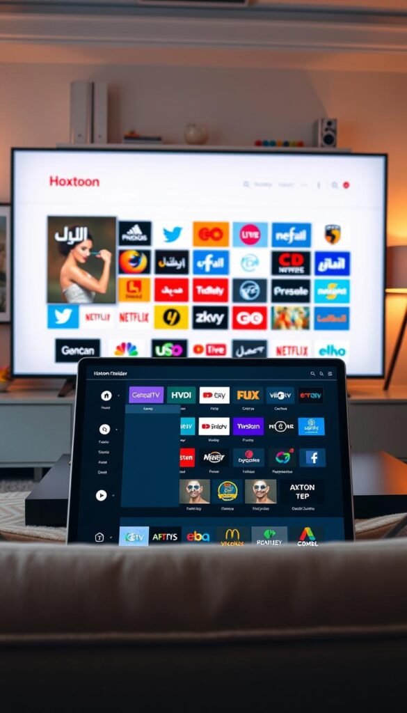 A sleek and modern IPTV service interface, showcasing the Hoxtoon Provider brand. In the foreground, a stylish smart TV displays a grid of Arabic channel logos, their vibrant colors and elegant typography standing out against a minimalist white backdrop. In the middle ground, a laptop or tablet device presents the Hoxtoon Provider's user-friendly app, featuring intuitive navigation and personalized recommendations for the best Arabic content in Europe. The background depicts a cozy living room setting, with warm lighting and subtle hints of European decor, creating an inviting atmosphere for the viewer to immerse themselves in the world of Arabic IPTV.