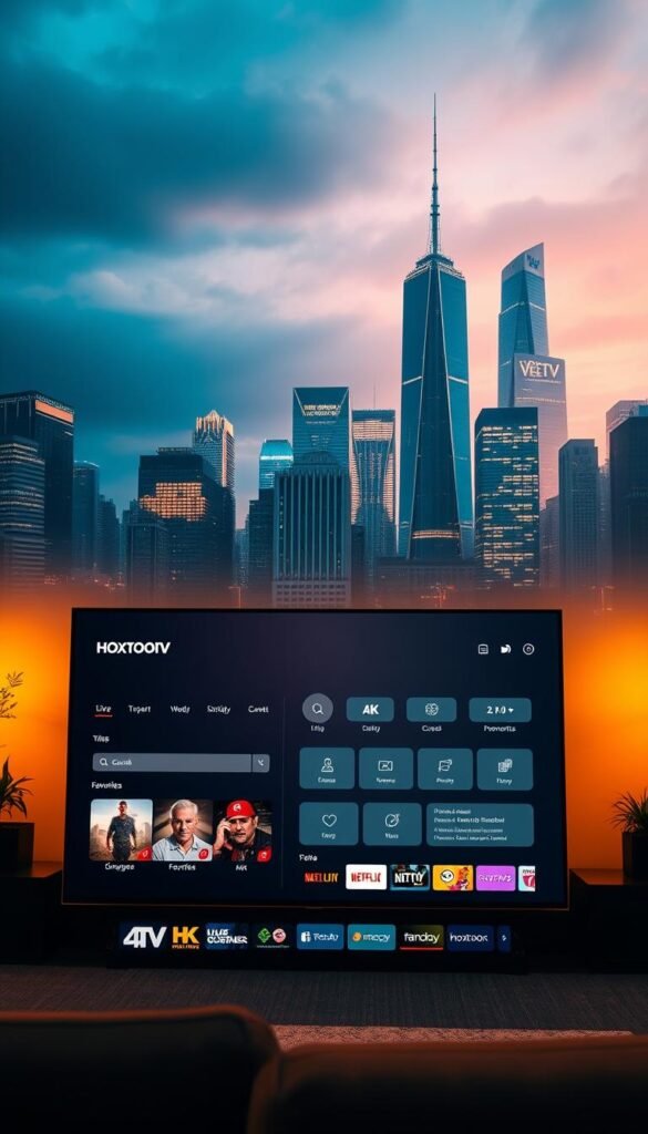 A sleek and modern IPTV service interface showcasing the Hoxtoon Provider brand. In the foreground, a large 4K TV displays a diverse selection of live TV channels and on-demand content with intuitive catch-up controls. The middle ground features a minimalist, user-friendly dashboard with quick access to favorites, recommendations, and parental controls. In the background, a cityscape with towering skyscrapers and a vibrant, neon-lit skyline creates an urban, technologically advanced atmosphere. Warm, diffused lighting illuminates the scene, creating a premium, high-quality visual experience.