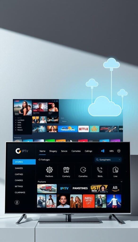 A sleek and modern IPTV service interface, showcasing the essential features of the Hoxtoon Provider platform. In the foreground, a clean dashboard displays live channel listings, video-on-demand selections, and personalized recommendations. The middle ground features intuitive navigation menus, allowing users to effortlessly browse content by category, search for specific titles, and manage their account settings. The background subtly depicts the underlying technology, with stylized cloud icons and signal waves hinting at the robust streaming infrastructure powering the service. Soft, directional lighting creates a sense of sophistication, while the overall composition conveys a seamless, user-friendly experience for the discerning IPTV subscriber.