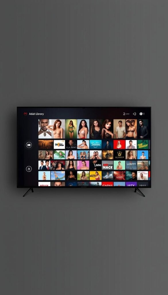 A sleek and modern IPTV service interface, showcasing the extensive channel library of the Hoxtoon Provider. In the center, a large display features a diverse array of adult entertainment options, with clear and vivid thumbnails. The background is a stylish gradient, setting a sophisticated tone. Minimalist icons and menus line the edges, providing easy navigation. Subtle lighting creates depth and dimension, while a smooth, high-quality rendering conveys a premium, professional appearance. The overall layout is clean and intuitive, highlighting Hoxtoon's commitment to delivering a comprehensive and secure IPTV experience.