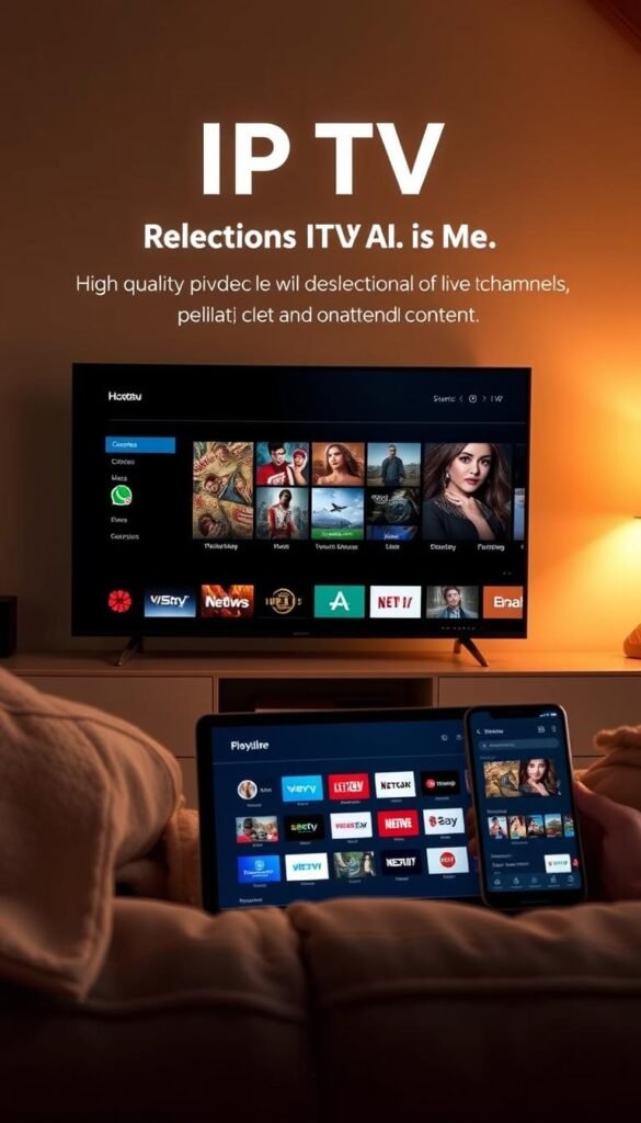 A sleek and modern IPTV service interface showcasing the premium features of the "Hoxtoon Provider" platform. A clean, minimalist design with a focus on high-quality video playback, a wide selection of live TV channels, and on-demand content. The interface is displayed on a variety of devices, including a smart TV, tablet, and smartphone, highlighting the cross-platform compatibility. The scene is bathed in a soft, warm lighting, creating a cozy and inviting atmosphere. The overall impression is one of a premium, reliable, and user-friendly IPTV service.