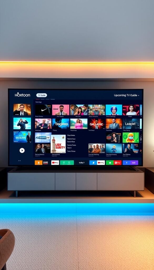 A sleek and modern IPTV service interface with a prominent TV guide. The display showcases a Hoxtoon Provider logo in the top left corner, surrounded by a clean, minimalist design. The main panel features a grid-like layout with various TV channel thumbnails, highlighting the breadth of content available. In the center, a large TV guide section dominates, presenting upcoming show titles, descriptions, and air times in a clear and organized manner. The overall scene has a warm, inviting tone, with subtle lighting and soft shadows that create depth and dimensionality. The layout is intuitive and user-friendly, conveying the ease of navigating and maximizing the IPTV experience.