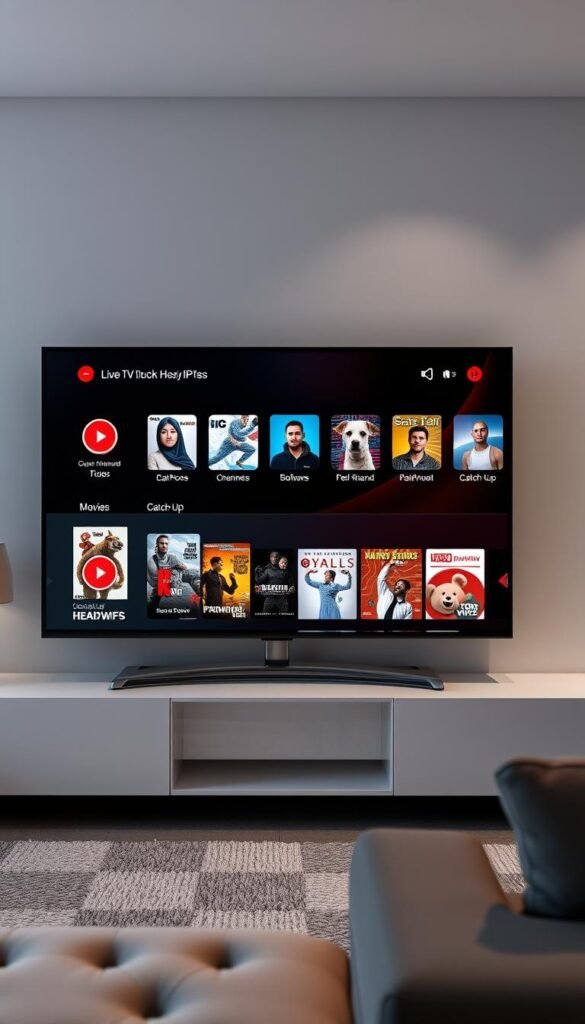 A sleek and modern IPTV service offered by the Hoxtoon Provider, showcasing a clean user interface with intuitive navigation. The screen displays a diverse selection of live TV channels, on-demand movies, and catch-up content, all accessible through a seamless and responsive design. The scene is illuminated by soft, diffused lighting, creating a visually appealing and inviting atmosphere. The layout emphasizes the convenience and versatility of the Hoxtoon IPTV service, catering to the needs of modern media consumers.