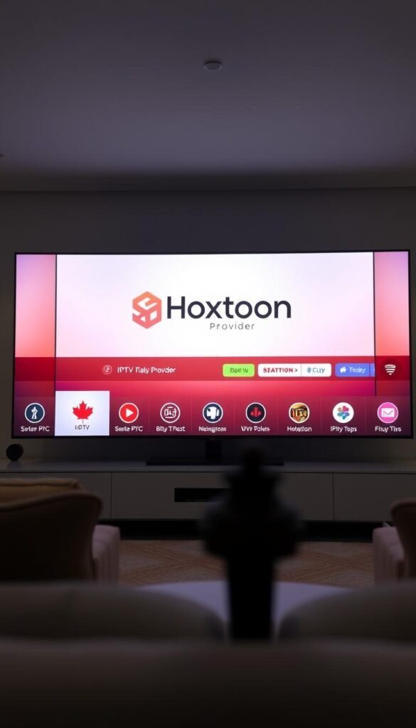 A sleek and modern IPTV service provider interface, showcasing the Hoxtoon Provider brand prominently in the center. The layout features clean lines, intuitive icons, and a subtle gradient background that exudes a sense of professionalism and technological sophistication. The scene is illuminated by soft, directional lighting, casting gentle shadows and highlights that accentuate the platform's user-friendly design. The camera angle is slightly elevated, providing a visually appealing perspective that captures the overall elegance and functionality of the IPTV Canada service.