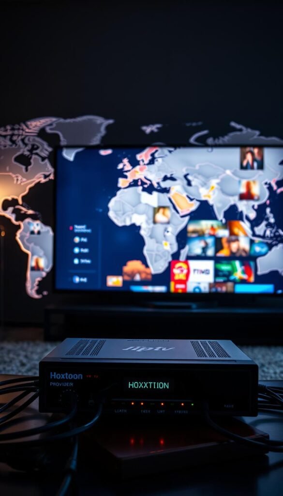 A sleek and modern IPTV setup against a backdrop of a stylized world map, conveying the global reach of international viewing. In the foreground, a high-end Hoxtoon Provider device sits prominently, its LED indicators glowing softly. Surrounding it, various cables and connectors symbolize the technology's interconnectivity. The middle ground features a large display screen showcasing a diverse array of international content, casting a warm glow across the scene. In the background, the world map appears to be illuminated, emphasizing the global accessibility of the IPTV service. The overall lighting is soft and slightly moody, creating an atmosphere of sophistication and advanced technology.