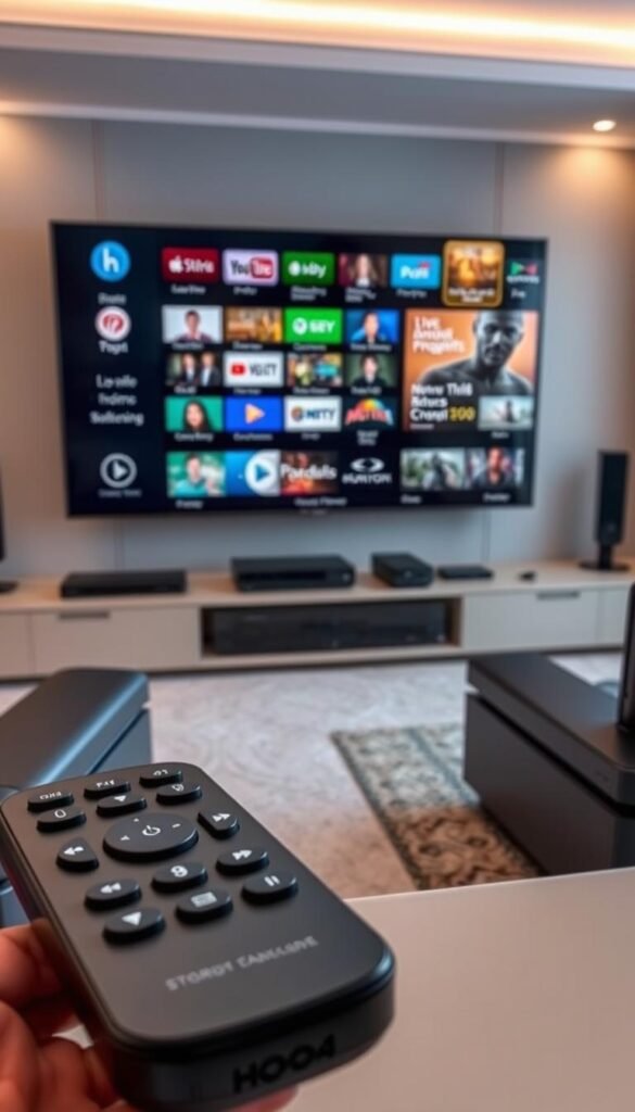 A sleek and modern IPTV setup featuring the Hoxtoon Provider interface. A large, high-definition display shows a variety of live TV channels and on-demand content, with a clean and intuitive menu system. In the foreground, a remote control with tactile buttons sits ready for user interaction. The middle ground features a gaming console, streaming box, and other peripherals seamlessly integrated into the entertainment system. The background has a minimalist, well-lit home theater setup with ambient lighting, creating a cozy and immersive viewing experience. The overall tone is one of technological sophistication and cinematic quality.