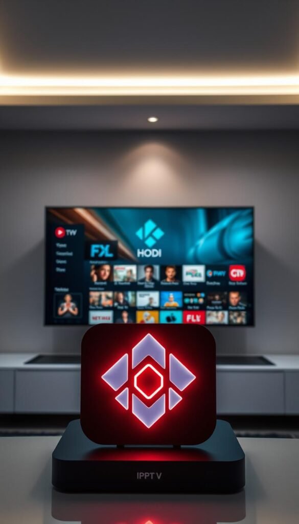 A sleek and modern IPTV setup for Kodi, showcasing the intuitive user interface and seamless integration. In the foreground, a Hoxtoon Provider logo shines brightly, representing the reliable IPTV service. The middle ground features a Kodi home screen, displaying a wide selection of on-demand content and live channels. In the background, a clean and minimalist environment, with subtle lighting and a sense of technological sophistication, sets the tone for the overall experience. The image conveys the power and convenience of using IPTV within the Kodi ecosystem, highlighting the key features that make it an attractive choice for users.
