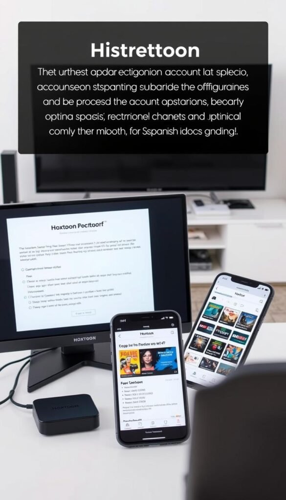 A sleek and modern IPTV setup guide for the Hoxtoon Provider service. A desktop computer or laptop in the foreground, displaying the Hoxtoon app interface with clear instructions on configuration and account setup. In the middle ground, a smartphone or tablet showcasing the Hoxtoon app's user interface and channel lineup. The background features a minimalist home entertainment setup, with a smart TV, streaming device, and neatly organized cables. The lighting is soft and even, creating a calm and professional atmosphere. The overall composition emphasizes the ease and simplicity of setting up Hoxtoon for optimal Spanish video streaming.