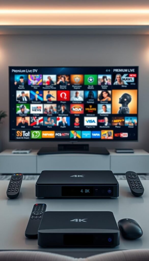 A sleek and modern IPTV setup showcasing the advanced features of the Hoxtoon Provider platform. In the foreground, a high-end 4K smart TV displays a diverse array of premium live channels, from sports and movies to news and entertainment. The middle ground features a sophisticated IPTV box with a clean, intuitive interface, surrounded by various remote controls and IoT devices seamlessly integrated into the Hoxtoon ecosystem. The background depicts a stylish, minimalist home entertainment space, with subtle ambient lighting and elegant decor conveying a sense of luxury and premium quality. The overall scene exudes a sophisticated, technology-forward aesthetic that highlights the power and versatility of the Hoxtoon Provider IPTV service.